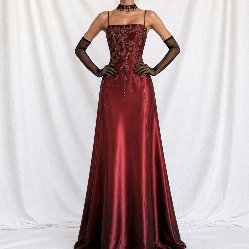 Vintage Burgundy Red Floral Beaded Glitter Ombre Flared Maxi Prom Dress Size M
